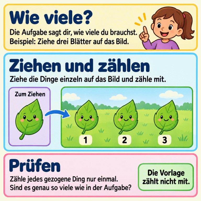 Ein Beispiel zeigt, wie du die geforderte Menge auf ein Bild ziehst. Neben der Beschriftung „Zum Ziehen“ steht ein einzelnes Vorlagenblatt. Ein Pfeil führt zur Zielszene mit genau drei Blättern. Unter ihnen stehen die Zählzahlen 1, 2 und 3. Ziehe einzeln, zähle jedes gezogene Ding einmal und prüfe die Menge anhand der Aufgabe. Die Vorlage zählt nicht mit. Wie viele?: Die Aufgabe sagt dir, wie viele du brauchst.
Beispiel: Ziehe drei Blätter auf das Bild. Ziehen und zählen: Ziehe die Dinge einzeln auf das Bild und zähle mit. Prüfen: Zähle jedes gezogene Ding nur einmal.
Sind es genau so viele wie in der Aufgabe? Die Vorlage zählt nicht mit. Zum Ziehen 1 2 3