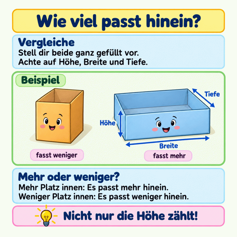 Wie viel passt hinein? Stell dir beide Gegenstände ganz gefüllt vor und achte auf Höhe, Breite und Tiefe. Ein Beispiel zeigt zwei offene Schachteln: Die höhere, schmale Schachtel fasst weniger. Die niedrigere, deutlich breitere und tiefere Schachtel fasst mehr. Hinweise zeigen ihre Höhe, Breite und Tiefe. Mehr Platz innen bedeutet, dass mehr hineinpasst; weniger Platz innen bedeutet, dass weniger hineinpasst. Nicht nur die Höhe zählt. Wie viel passt hinein? Vergleiche: Stell dir beide ganz gefüllt vor.
Achte auf Höhe, Breite und Tiefe. Mehr oder weniger?: Mehr Platz innen: Es passt mehr hinein.
Weniger Platz innen: Es passt weniger hinein. Nicht nur die Höhe zählt! Beispiel fasst weniger fasst mehr Höhe Breite Tiefe