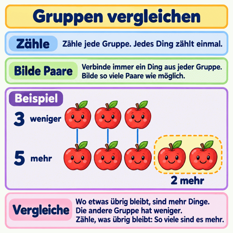 Ein Beispiel mit zwei Gruppen aus drei und fünf Äpfeln. Drei Paare verbinden jeweils einen Apfel aus jeder Gruppe. In der Fünfergruppe bleiben zwei Äpfel ohne Partner. Sie hat zwei Äpfel mehr; die Dreiergruppe hat weniger. Gruppen vergleichen Zähle: Zähle jede Gruppe. Jedes Ding zählt einmal. Bilde Paare: Verbinde immer ein Ding aus jeder Gruppe. Bilde so viele Paare wie möglich. Vergleiche: Wo etwas übrig bleibt, sind mehr Dinge. Die andere Gruppe hat weniger. Zähle, was übrig bleibt: So viele sind es mehr. Beispiel 3 5 weniger mehr 2 mehr