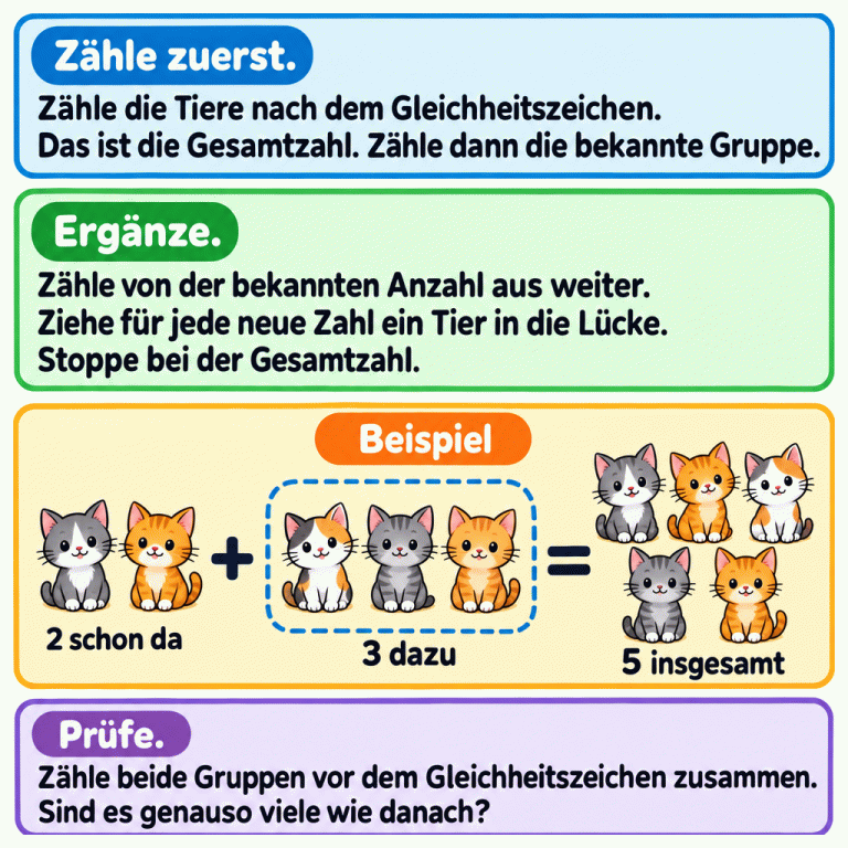 Eine Anleitung zum Ergänzen von Tierbildern: Zähle zuerst die Gesamtmenge und die bekannte Gruppe. Zähle dann weiter und füge für jede neue Zahl ein Tier hinzu. Das Beispiel zeigt zwei Kätzchen plus drei ergänzte Kätzchen gleich fünf Kätzchen. Zähle zur Probe beide Gruppen zusammen. Zähle zuerst.: Zähle die Tiere nach dem Gleichheitszeichen. Das ist die Gesamtzahl. Zähle dann die bekannte Gruppe. Ergänze.: Zähle von der bekannten Anzahl aus weiter. Ziehe für jede neue Zahl ein Tier in die Lücke. Stoppe bei der Gesamtzahl. Prüfe.: Zähle beide Gruppen vor dem Gleichheitszeichen zusammen. Sind es genauso viele wie danach? Beispiel 2 schon da + 3 dazu = 5 insgesamt