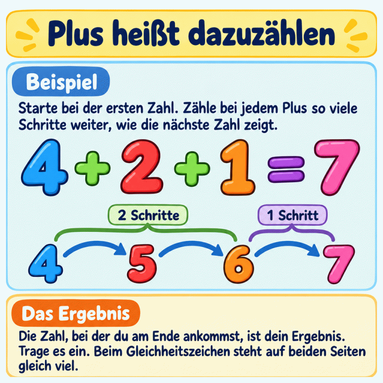 Lernkarte zum Weiterzählen beim Addieren. Das Beispiel lautet 4 plus 2 plus 1 gleich 7. Die Zählspur beginnt bei 4. Zwei Schritte führen über 5 zu 6, ein weiterer Schritt führt zu 7. Das ist das Ergebnis. Das Gleichheitszeichen bedeutet, dass auf beiden Seiten gleich viel steht. Plus heißt dazuzählen Beispiel: Starte bei der ersten Zahl. Zähle bei jedem Plus so viele Schritte weiter, wie die nächste Zahl zeigt. Das Ergebnis: Die Zahl, bei der du am Ende ankommst, ist dein Ergebnis. Trage es ein. Beim Gleichheitszeichen steht auf beiden Seiten gleich viel. 4 2 1 + = 7 5 6 2 Schritte 1 Schritt