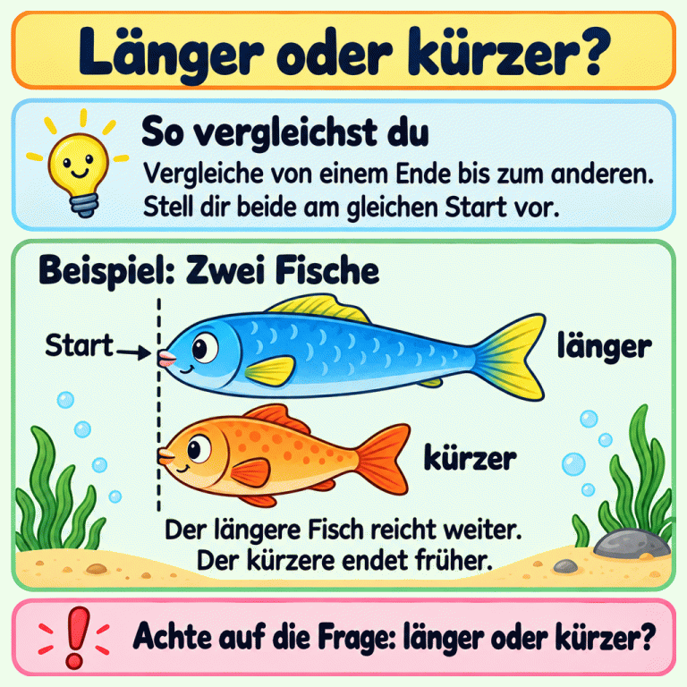 Länger oder kürzer? Zwei Fische werden von einem gemeinsamen Start aus verglichen. Ihre Maulspitzen beginnen gleich; ihre Schwanzspitzen enden unterschiedlich weit entfernt. Der weiter reichende Fisch ist mit „länger“ beschriftet, der früher endende mit „kürzer“. Verglichen wird immer die ganze Länge von einem Ende bis zum anderen. Die Frage bestimmt, welcher ausgewählt werden soll. Länger oder kürzer? So vergleichst du: Vergleiche von einem Ende bis zum anderen. Stell dir beide am gleichen Start vor. Beispiel: Zwei Fische: Der längere Fisch reicht weiter. Der kürzere endet früher. Achte auf die Frage: länger oder kürzer? Start länger kürzer !