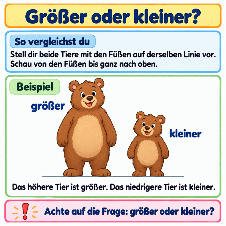 Zwei Bären stehen mit den Füßen auf derselben Linie. Der höhere Bär ist mit „größer“ beschriftet, der niedrigere mit „kleiner“. Verglichen wird die Höhe von den Füßen bis ganz nach oben. Achte auf die Frage: Wird das größere oder das kleinere Tier gesucht? Größer oder kleiner? So vergleichst du: Stell dir beide Tiere mit den Füßen auf derselben Linie vor. Schau von den Füßen bis ganz nach oben. Beispiel: Das höhere Tier ist größer. Das niedrigere Tier ist kleiner. Achte auf die Frage: größer oder kleiner? größer kleiner !