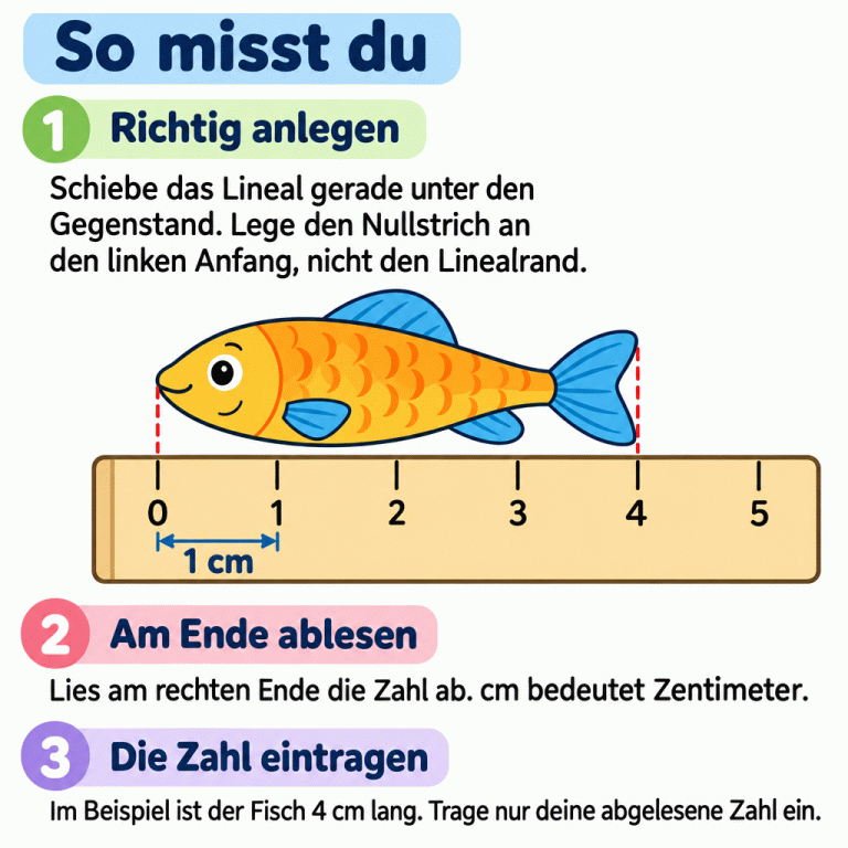 So misst du: Schiebe das Lineal gerade unter den Gegenstand. Der Nullstrich liegt am linken Anfang, nicht der Linealrand. Ein Fisch reicht im Lehrbeispiel vom Strich 0 bis zum Strich 4. Der Abstand von 0 bis 1 ist als 1 cm markiert. Am rechten Ende liest du die Länge ab. Der Beispielfisch ist 4 cm lang. cm bedeutet Zentimeter. Trage nur deine abgelesene Zahl ein. So misst du Richtig anlegen: Schiebe das Lineal gerade unter den Gegenstand. Lege den Nullstrich an den linken Anfang, nicht den Linealrand. Am Ende ablesen: Lies am rechten Ende die Zahl ab. cm bedeutet Zentimeter. Die Zahl eintragen: Im Beispiel ist der Fisch 4 cm lang. Trage nur deine abgelesene Zahl ein. 1 2 3 4 5 1 cm 1 2 3