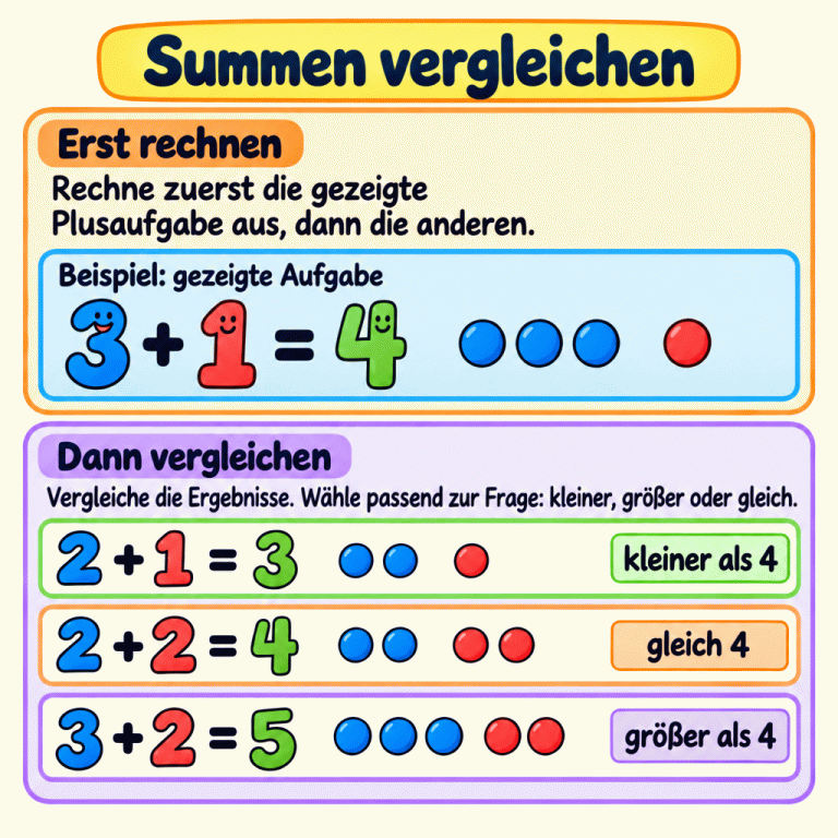 So vergleichst du Summen: Rechne zuerst die gezeigte Plusaufgabe aus, dann die anderen. Im Beispiel ergibt 3 plus 1 die Summe 4. Dazu werden drei Aufgaben verglichen: 2 plus 1 ergibt 3 und ist kleiner als 4. 2 plus 2 ergibt ebenfalls 4. 3 plus 2 ergibt 5 und ist größer als 4. Punktgruppen zeigen die Mengen. Wähle passend dazu, ob die Frage nach kleiner, größer oder gleich fragt. Summen vergleichen Erst rechnen: Rechne zuerst die gezeigte Plusaufgabe aus, dann die anderen. Dann vergleichen: Vergleiche die Ergebnisse. Wähle passend zur Frage: kleiner, größer oder gleich. Beispiel: gezeigte Aufgabe 3 + 1 = 4 2 + 1 = 3 kleiner als 4 2 + 2 = 4 gleich 4 3 + 2 = 5 größer als 4