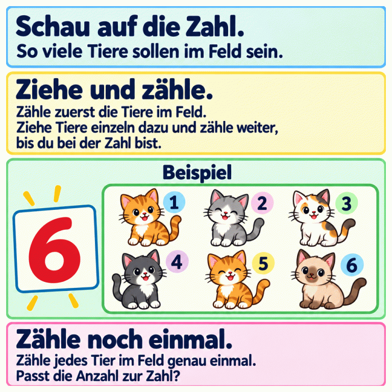 Die Anleitung erklärt: Schau auf die Zahl, ziehe Tiere einzeln ins Feld und zähle mit. Zähle vorhandene Tiere zuerst. Höre bei der angezeigten Zahl auf und zähle zur Kontrolle jedes Tier im Feld genau einmal. Ein gekennzeichnetes Beispiel zeigt die Zahl 6 neben einem Feld mit sechs Kätzchen. Die Kätzchen sind zum Abzählen mit den Ziffern 1 bis 6 beschriftet. Ein Pfeil deutet das Hineinziehen des letzten Kätzchens an. Schau auf die Zahl.: So viele Tiere sollen im Feld sein. Ziehe und zähle.: Zähle zuerst die Tiere im Feld. Ziehe Tiere einzeln dazu und zähle weiter, bis du bei der Zahl bist. Zähle noch einmal.: Zähle jedes Tier im Feld genau einmal. Passt die Anzahl zur Zahl? Beispiel 6 1 2 3 4 5