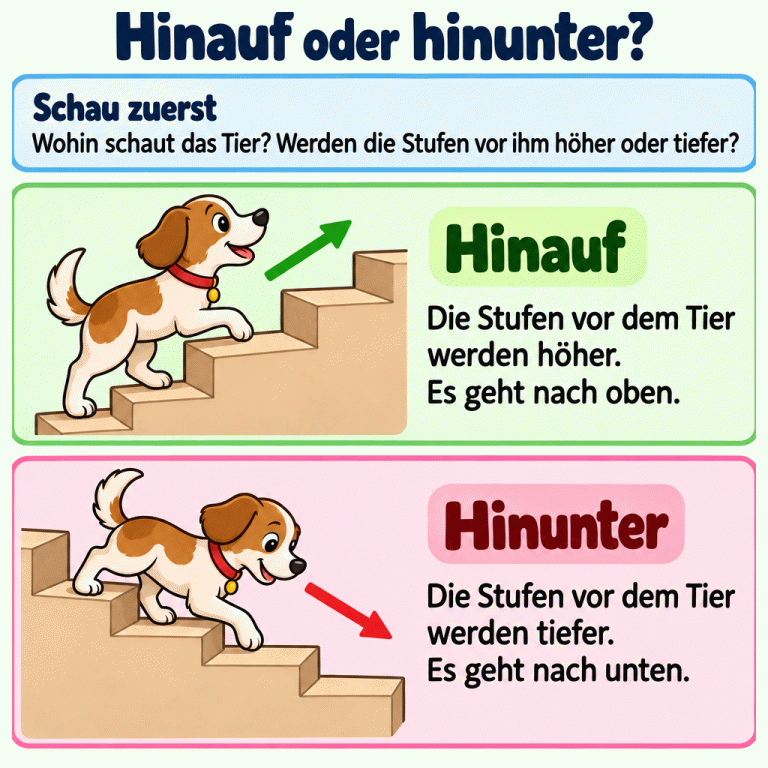 Zwei Lehrbilder zeigen Hunde auf Treppen. Im ersten geht ein Hund zu höheren Stufen: hinauf, nach oben. Im zweiten geht ein Hund zu tieferen Stufen: hinunter, nach unten. Die Anleitung fordert dazu auf, die Blickrichtung des Tieres und die Stufen vor ihm zu betrachten. Hinauf oder hinunter? Schau zuerst: Wohin schaut das Tier? Werden die Stufen vor ihm höher oder tiefer? Hinauf: Die Stufen vor dem Tier werden höher. Es geht nach oben. Hinunter: Die Stufen vor dem Tier werden tiefer. Es geht nach unten.