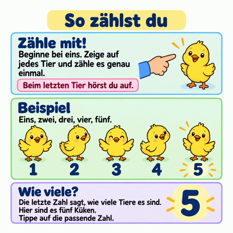 Eine Zählhilfe mit fünf Küken als Beispiel. Unter jedem Küken steht eine Ziffer: 1, 2, 3, 4, 5. Jedes Tier wird genau einmal gezählt. Nach dem letzten Tier hört man auf. Die zuletzt genannte Zahl nennt die Anzahl: Im Beispiel sind es fünf Küken. Daneben steht die passende Ziffer 5. So zählst du Zähle mit!: Beginne bei eins. Zeige auf jedes Tier und zähle es genau einmal. Beispiel: Eins, zwei, drei, vier, fünf. Wie viele?: Die letzte Zahl sagt, wie viele Tiere es sind. Hier sind es fünf Küken. Tippe auf die passende Zahl. Beim letzten Tier hörst du auf. 1 2 3 4 5
