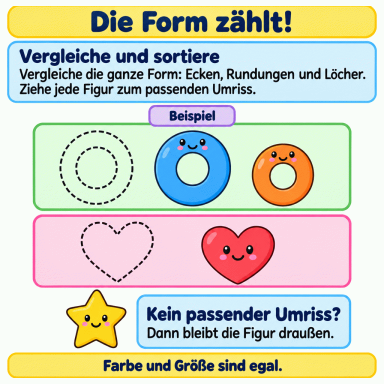 Ein Beispiel zum Sortieren nach Formen: Zwei Ringe gehören zum gepunkteten Ringumriss, ein Herz gehört zum Herzumriss. Ein Stern bleibt außerhalb der Felder, weil kein Sternumriss angeboten wird. Verglichen werden die ganze Form, Ecken, Rundungen und Löcher. Farbe und Größe sind egal. Die Form zählt! Vergleiche und sortiere: Vergleiche die ganze Form: Ecken, Rundungen und Löcher. Ziehe jede Figur zum passenden Umriss. Kein passender Umriss?: Dann bleibt die Figur draußen. Farbe und Größe sind egal. Beispiel
