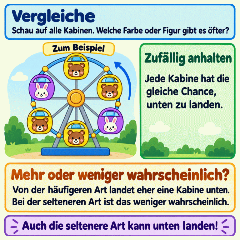 Ein Beispiel-Riesenrad zeigt vier gelbe Bärenkabinen und zwei violette Hasenkabinen. Es gibt mehr Bärenkabinen. Beim zufälligen Anhalten hat jede einzelne Kabine die gleiche Chance, unten zu landen. Deshalb ist eine Bärenkabine unten wahrscheinlicher als eine Hasenkabine. Trotzdem kann auch eine Hasenkabine unten landen. Vergleiche: Schau auf alle Kabinen. Welche Farbe oder Figur gibt es öfter? Zufällig anhalten: Jede Kabine hat die gleiche Chance, unten zu landen. Mehr oder weniger wahrscheinlich?: Von der häufigeren Art landet eher eine Kabine unten. Bei der selteneren Art ist das weniger wahrscheinlich. Auch die seltenere Art kann unten landen! Zum Beispiel