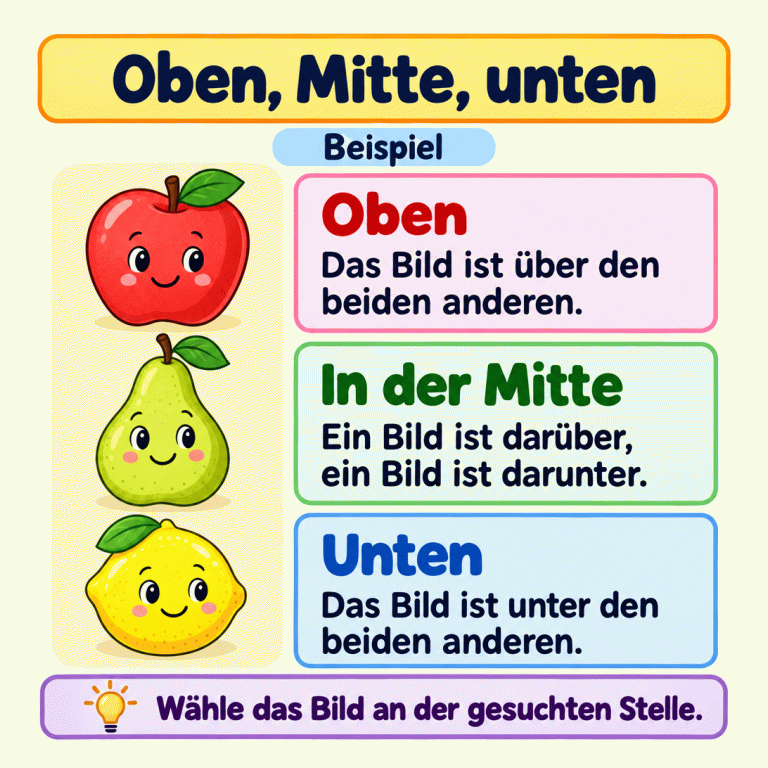 Ein Lehrbeispiel zeigt drei freundliche Obstfiguren untereinander: oben einen Apfel, in der Mitte eine Birne und unten eine Zitrone. Oben ist über den beiden anderen Bildern. In der Mitte ist ein Bild darüber und eines darunter. Unten ist unter den beiden anderen Bildern. Gewählt wird das Bild an der gesuchten Stelle. Oben, Mitte, unten Oben: Das Bild ist über den beiden anderen. In der Mitte: Ein Bild ist darüber, ein Bild ist darunter. Unten: Das Bild ist unter den beiden anderen. Wähle das Bild an der gesuchten Stelle. Beispiel