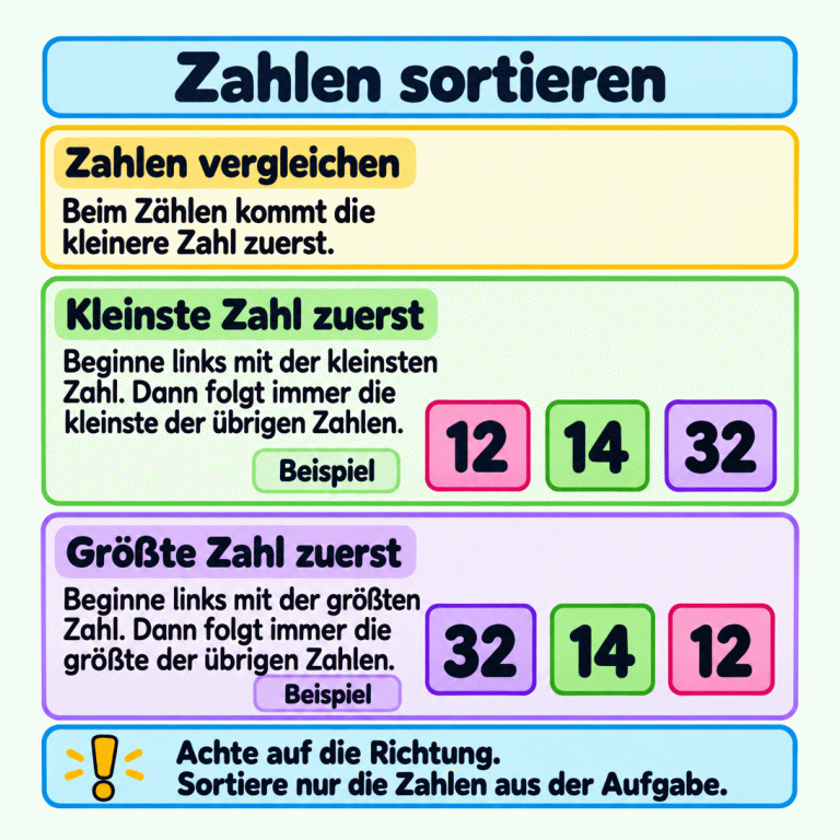 Zahlen sortieren: Beim Zählen kommt die kleinere Zahl zuerst. Von klein nach groß beginnt man links mit der kleinsten Zahl und nimmt dann immer die kleinste der übrigen Zahlen. Das Beispiel zeigt 12, 14, 32. Von groß nach klein beginnt man links mit der größten Zahl und nimmt dann immer die größte der übrigen Zahlen. Das Beispiel zeigt 32, 14, 12. Achte auf die geforderte Richtung und sortiere nur die Zahlen aus der Aufgabe. Zahlen sortieren Zahlen vergleichen: Beim Zählen kommt die kleinere Zahl zuerst. Kleinste Zahl zuerst: Beginne links mit der kleinsten Zahl. Dann folgt immer die kleinste der übrigen Zahlen. Größte Zahl zuerst: Beginne links mit der größten Zahl. Dann folgt immer die größte der übrigen Zahlen. Achte auf die Richtung. Sortiere nur die Zahlen aus der Aufgabe. Beispiel 12 14 32 !