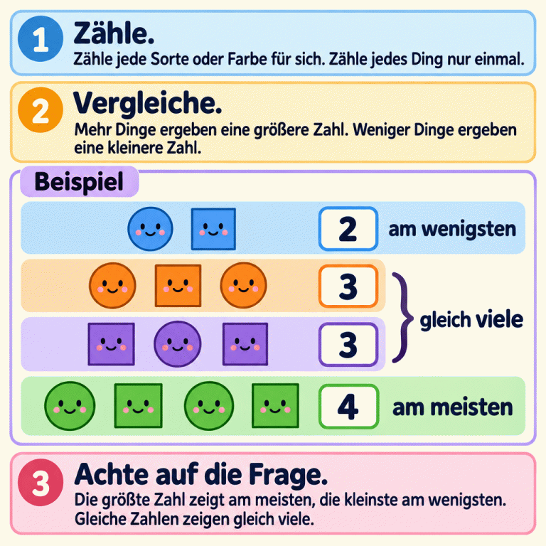 Eine Lernkarte erklärt: Zähle jede Sorte oder Farbe für sich und jedes Ding nur einmal. Mehr Dinge ergeben eine größere Zahl, weniger Dinge eine kleinere. Das gekennzeichnete Beispiel zeigt zwei blaue, drei orangefarbene, drei violette und vier grüne Figuren. Die blaue Gruppe enthält am wenigsten, die grüne am meisten. Die orangefarbene und die violette Gruppe enthalten gleich viele Figuren. Zur Frage passend wird die größte, die kleinste oder eine gleiche Anzahl gesucht. Zähle.: Zähle jede Sorte oder Farbe für sich. Zähle jedes Ding nur einmal. Vergleiche.: Mehr Dinge ergeben eine größere Zahl. Weniger Dinge ergeben eine kleinere Zahl. Achte auf die Frage.: Die größte Zahl zeigt am meisten, die kleinste am wenigsten. Gleiche Zahlen zeigen gleich viele. Beispiel 2 3 4 am wenigsten gleich viele am meisten 1 2 3
