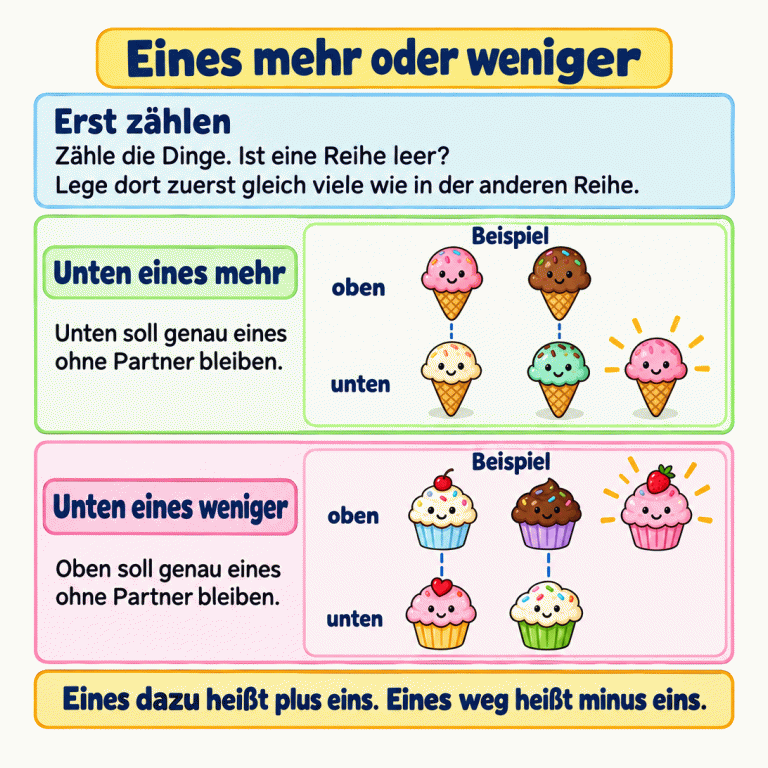 Eines mehr oder weniger: Zähle die Dinge und ergänze eine leere Reihe zunächst mit gleich vielen. Zwei Beispiele zeigen den Vergleich mit Paaren. Beim Eis liegen oben zwei und unten drei: Unten bleibt genau eines ohne Partner. Bei den Törtchen liegen oben drei und unten zwei: Oben bleibt genau eines ohne Partner, also liegt unten eines weniger. Eines dazu heißt plus eins. Eines weg heißt minus eins. Eines mehr oder weniger Erst zählen: Zähle die Dinge. Ist eine Reihe leer? Lege dort zuerst gleich viele wie in der anderen Reihe. Unten eines mehr: Unten soll genau eines ohne Partner bleiben. Unten eines weniger: Oben soll genau eines ohne Partner bleiben. Eines dazu heißt plus eins. Eines weg heißt minus eins. Beispiel oben unten
