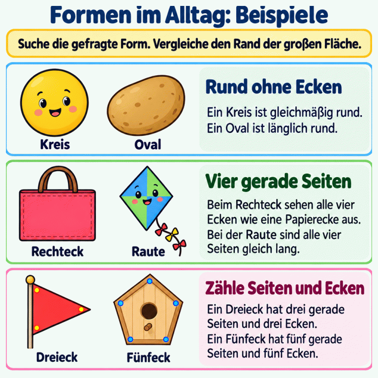 Sechs Beispiele zeigen Formen an Alltagsgegenständen: eine kreisrunde Sonne, eine ovale Kartoffel, eine rechteckige Taschenfläche, einen rautenförmigen Drachen, einen dreieckigen Wimpel und eine fünfeckige Vogelhausfront. Kreis und Oval haben keine Ecken. Das Rechteck hat vier gerade Seiten und vier Ecken wie eine Papierecke, die Raute vier gleich lange Seiten. Dreieck und Fünfeck haben drei beziehungsweise fünf gerade Seiten und Ecken. Die Karte fordert dazu auf, den Rand der großen Fläche mit der gesuchten Form zu vergleichen. Formen im Alltag: Beispiele Rund ohne Ecken: Ein Kreis ist gleichmäßig rund. Ein Oval ist länglich rund. Vier gerade Seiten: Beim Rechteck sehen alle vier Ecken wie eine Papierecke aus. Bei der Raute sind alle vier Seiten gleich lang. Zähle Seiten und Ecken: Ein Dreieck hat drei gerade Seiten und drei Ecken. Ein Fünfeck hat fünf gerade Seiten und fünf Ecken. Suche die gefragte Form. Vergleiche den Rand der großen Fläche. Kreis Oval Rechteck Raute Dreieck Fünfeck