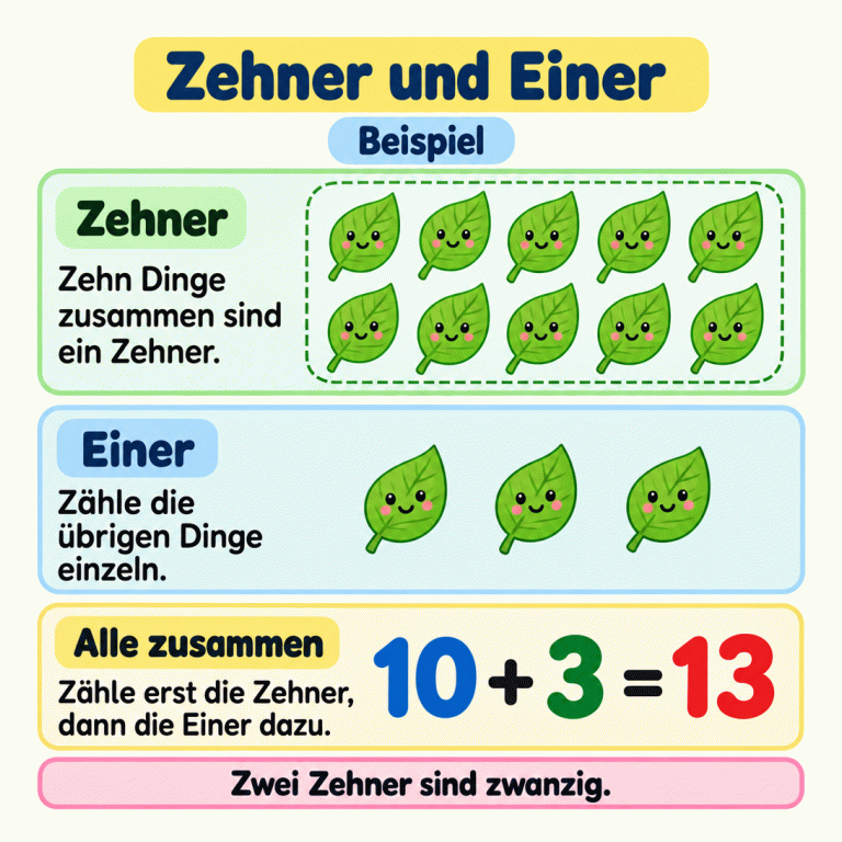 Ein Beispiel zeigt zehn Blätter als einen Zehner und drei weitere Blätter als einzelne Einer. Zusammen sind es dreizehn Blätter: zehn plus drei gleich dreizehn. Zähle zuerst die Zehner und dann die Einer dazu. Zwei Zehner sind zwanzig. Zehner und Einer Zehner: Zehn Dinge zusammen sind ein Zehner. Einer: Zähle die übrigen Dinge einzeln. Alle zusammen: Zähle erst die Zehner, dann die Einer dazu. Zwei Zehner sind zwanzig. Beispiel 10 + 3 = 13