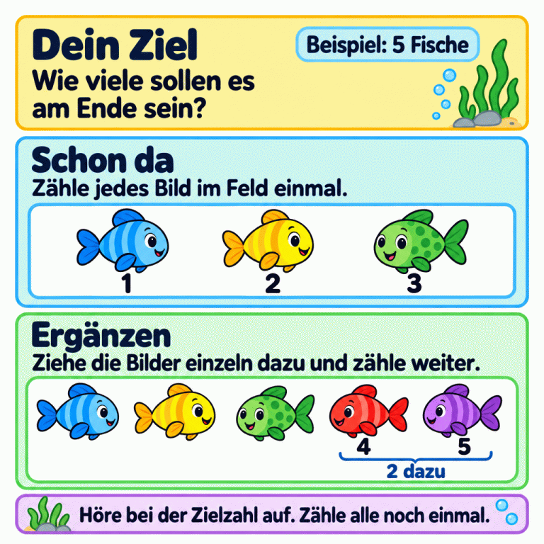 Ein Beispiel mit Fischen: Am Ende sollen es fünf sein. Zuerst sind drei Fische da. Sie werden mit eins, zwei, drei gezählt. Zwei Fische kommen einzeln dazu; dabei wird mit vier und fünf weitergezählt. Jetzt sind es genau fünf. Bei der Zielzahl aufhören und zum Schluss alle noch einmal zählen. Dein Ziel: Wie viele sollen es am Ende sein? Schon da: Zähle jedes Bild im Feld einmal. Ergänzen: Ziehe die Bilder einzeln dazu und zähle weiter. Höre bei der Zielzahl auf. Zähle alle noch einmal. Beispiel: 5 Fische 1 2 3 4 5 2 dazu