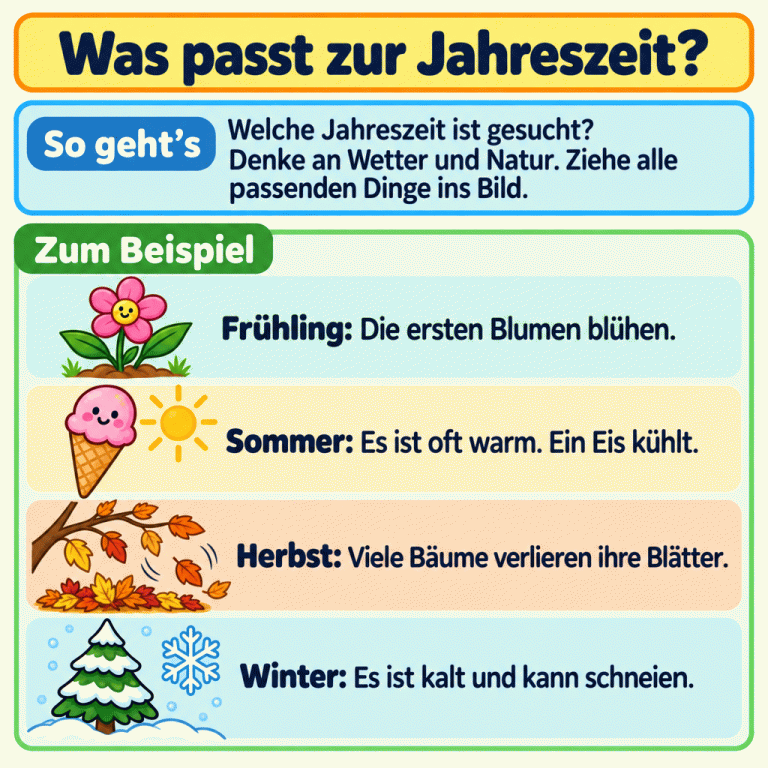 Eine Karte erklärt, wie Dinge zu Jahreszeiten passen. Man denkt an Wetter und Natur und zieht alle passenden Dinge ins Bild. Vier Beispiele stehen untereinander: Im Frühling blühen die ersten Blumen. Im Sommer ist es oft warm, und ein Eis kühlt. Im Herbst verlieren viele Bäume ihre Blätter. Im Winter ist es kalt und kann schneien. Dazu sind eine blühende Pflanze, ein Eis mit Sonne, fallende Blätter und ein verschneiter Nadelbaum mit Schneeflocke zu sehen. Was passt zur Jahreszeit? So geht’s: Welche Jahreszeit ist gesucht? Denke an Wetter und Natur. Ziehe alle passenden Dinge ins Bild. Zum Beispiel: Frühling: Die ersten Blumen blühen.
Sommer: Es ist oft warm. Ein Eis kühlt.
Herbst: Viele Bäume verlieren ihre Blätter.
Winter: Es ist kalt und kann schneien.