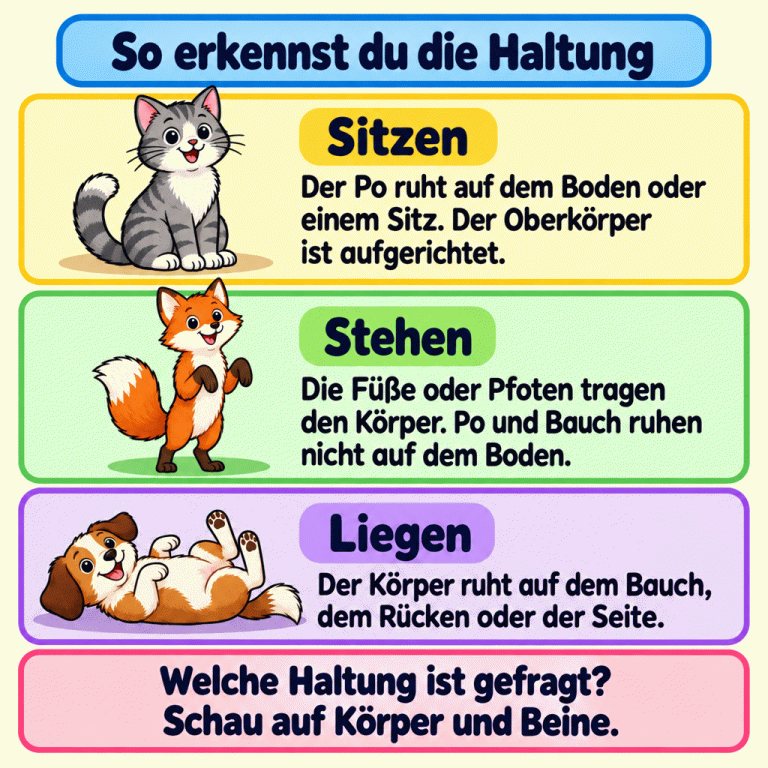 Drei Tierbeispiele erklären die Körperhaltungen: Eine Katze sitzt mit abgestütztem Po und aufgerichtetem Oberkörper. Ein Fuchs steht auf seinen Hinterpfoten; Po und Bauch berühren den Boden nicht. Ein Hund liegt auf dem Rücken und hält die Pfoten hoch. Die Texte erklären, woran man Sitzen, Stehen und Liegen erkennt. So erkennst du die Haltung Sitzen: Der Po ruht auf dem Boden oder einem Sitz. Der Oberkörper ist aufgerichtet. Stehen: Die Füße oder Pfoten tragen den Körper. Po und Bauch ruhen nicht auf dem Boden. Liegen: Der Körper ruht auf dem Bauch, dem Rücken oder der Seite. Welche Haltung ist gefragt? Schau auf Körper und Beine.