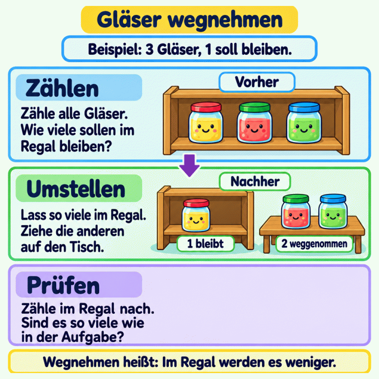 Gläser wegnehmen: Zähle alle Gläser und finde heraus, wie viele im Regal bleiben sollen. Lass diese Gläser dort und ziehe die anderen auf den Tisch. Zähle im Regal nach. Das Lehrbeispiel zeigt vorher drei Gläser im Regal. Ein Glas soll bleiben. Nach dem Umstellen steht ein Glas im Regal und zwei stehen auf dem Tisch. Im Regal sind es weniger geworden. Gläser wegnehmen Zählen: Zähle alle Gläser. Wie viele sollen im Regal bleiben? Umstellen: Lass so viele im Regal. Ziehe die anderen auf den Tisch. Prüfen: Zähle im Regal nach. Sind es so viele wie in der Aufgabe? Wegnehmen heißt: Im Regal werden es weniger. Beispiel: 3 Gläser, 1 soll bleiben. Vorher Nachher 1 bleibt 2 weggenommen