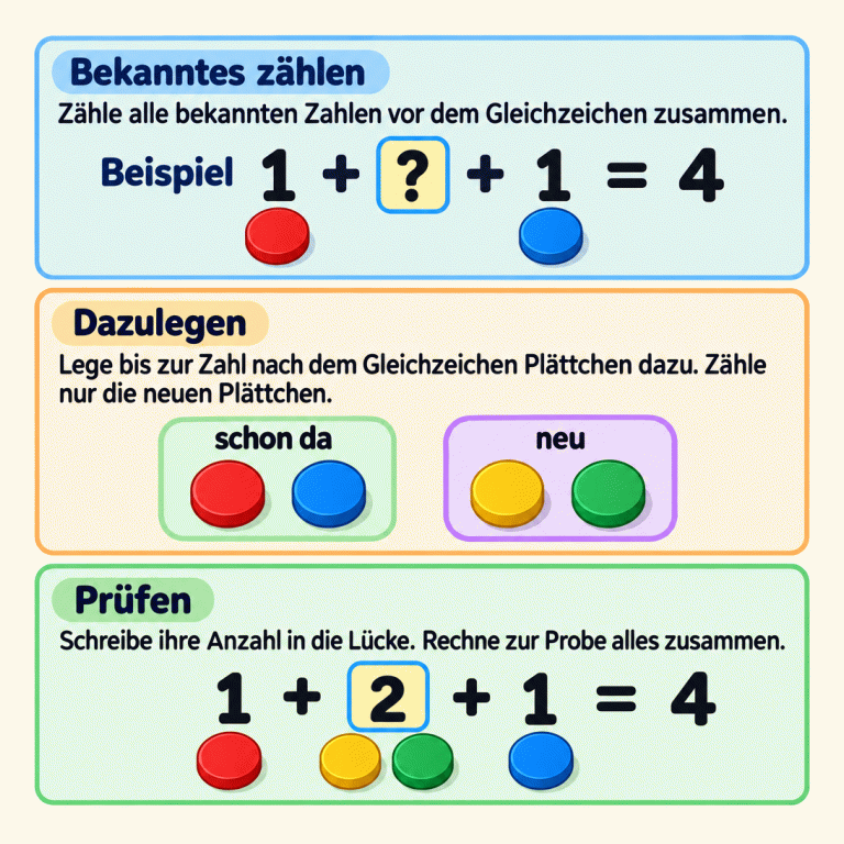 Drei Abschnitte erklären das Ergänzen einer Plusaufgabe. Das Beispiel lautet: 1 plus Fragezeichen plus 1 gleich 4. Zu den beiden bekannten Einsen gehört jeweils ein Plättchen. Danach sind zwei vorhandene und zwei neue Plättchen zu sehen, insgesamt vier. Die zwei neuen Plättchen liefern die fehlende Zahl. Die Probe lautet: 1 plus 2 plus 1 gleich 4. Bekanntes zählen: Zähle alle bekannten Zahlen vor dem Gleichzeichen zusammen. Dazulegen: Lege bis zur Zahl nach dem Gleichzeichen Plättchen dazu. Zähle nur die neuen Plättchen. Prüfen: Schreibe ihre Anzahl in die Lücke. Rechne zur Probe alles zusammen. Beispiel 1 ? + = 4 2 schon da neu