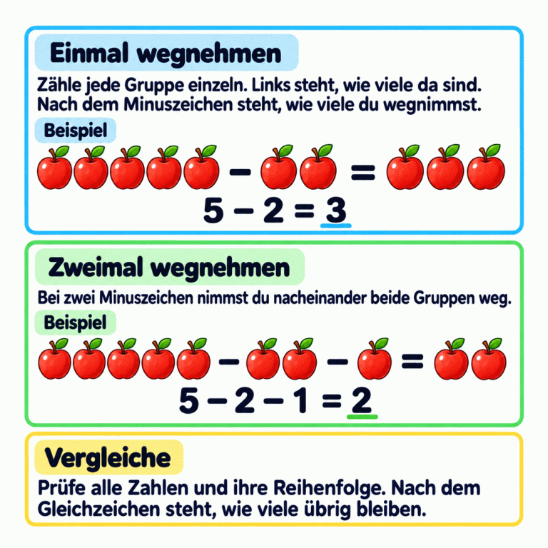 Zwei Beispiele zeigen, wie Bilder zu Minusaufgaben werden. Im ersten Beispiel sind fünf Äpfel da. Zwei werden weggenommen, drei bleiben übrig: fünf minus zwei gleich drei. Im zweiten Beispiel werden von fünf Äpfeln zuerst zwei und dann noch einer weggenommen. Zwei bleiben übrig: fünf minus zwei minus eins gleich zwei. Zähle jede Gruppe einzeln und vergleiche alle Zahlen, ihre Reihenfolge und das Ergebnis. Einmal wegnehmen: Zähle jede Gruppe einzeln. Links steht, wie viele da sind. Nach dem Minuszeichen steht, wie viele du wegnimmst. Zweimal wegnehmen: Bei zwei Minuszeichen nimmst du nacheinander beide Gruppen weg. Vergleiche: Prüfe alle Zahlen und ihre Reihenfolge. Nach dem Gleichzeichen steht, wie viele übrig bleiben. Beispiel 5 − 2 = 3 5 − 2 − 1 = 2 − =