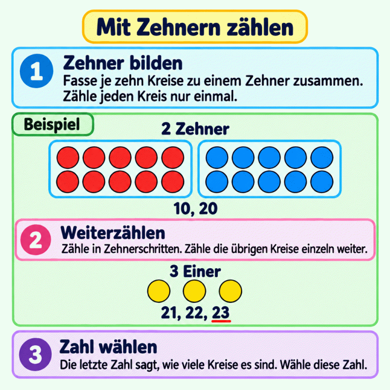 Zählen mit Zehnern: Je zehn Kreise bilden einen Zehner. Im Beispiel sind zwei Zehnergruppen und drei einzelne Kreise zu sehen. Zuerst zählt man zehn, zwanzig, dann einundzwanzig, zweiundzwanzig, dreiundzwanzig. Das sind zusammen 23 Kreise. Jeder Kreis wird genau einmal gezählt. Bei der Aufgabe wählt man die Zahl für die gesamte Menge. Mit Zehnern zählen Zehner bilden: Fasse je zehn Kreise zu einem Zehner zusammen. Zähle jeden Kreis nur einmal. Weiterzählen: Zähle in Zehnerschritten. Zähle die übrigen Kreise einzeln weiter. Zahl wählen: Die letzte Zahl sagt, wie viele Kreise es sind. Wähle diese Zahl. Beispiel 2 Zehner 10, 20 3 Einer 21, 22, 23 1 2 3