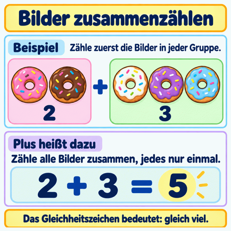 Ein Beispiel zum Zusammenzählen: Eine Gruppe enthält zwei Donuts, die andere drei. Ein Pluszeichen verbindet die Gruppen. Darunter steht: 2 plus 3 ist gleich 5. Jedes Bild wird nur einmal gezählt. Das Gleichheitszeichen bedeutet, dass beide Seiten gleich viel zeigen. Bilder zusammenzählen Beispiel: Zähle zuerst die Bilder in jeder Gruppe. Plus heißt dazu: Zähle alle Bilder zusammen, jedes nur einmal. Das Gleichheitszeichen bedeutet: gleich viel. 2 3 + = 5