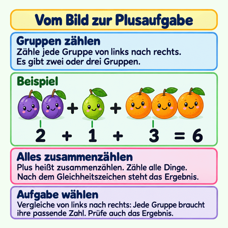 Eine Lernkarte erklärt, wie du zu zwei oder drei Bildgruppen die passende Plusaufgabe findest. Zähle jede Gruppe von links nach rechts. Das Beispiel zeigt zwei Früchte, eine Frucht und drei Früchte. Darunter steht: 2 + 1 + 3 = 6. Prüfe bei der Auswahl sowohl die Zahlen für die einzelnen Gruppen und ihre Reihenfolge als auch das Ergebnis. Vom Bild zur Plusaufgabe Gruppen zählen: Zähle jede Gruppe von links nach rechts. Es gibt zwei oder drei Gruppen. Alles zusammenzählen: Plus heißt zusammenzählen. Zähle alle Dinge. Nach dem Gleichheitszeichen steht das Ergebnis. Aufgabe wählen: Vergleiche von links nach rechts: Jede Gruppe braucht ihre passende Zahl. Prüfe auch das Ergebnis. Beispiel 2 1 3 + = 6