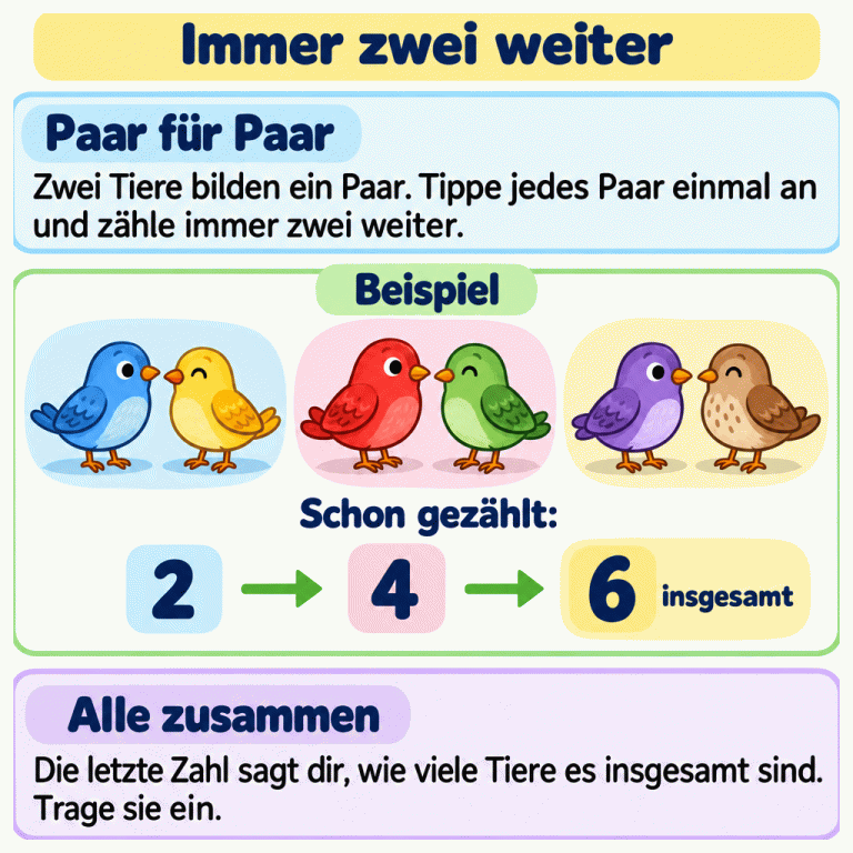 Zählen in Zweierschritten: Zwei Tiere bilden ein Paar. Tippe jedes Paar einmal an und zähle immer zwei weiter. Das Lehrbeispiel zeigt drei Vogelpaare. Nach dem ersten Paar sind zwei Vögel gezählt, nach dem zweiten vier und nach dem dritten sechs. Die letzte Zahl nennt die Anzahl aller Tiere. Im Beispiel sind es insgesamt sechs Vögel. Immer zwei weiter Paar für Paar: Zwei Tiere bilden ein Paar. Tippe jedes Paar einmal an und zähle immer zwei weiter. Alle zusammen: Die letzte Zahl sagt dir, wie viele Tiere es insgesamt sind. Trage sie ein. Beispiel Schon gezählt: 2 4 6 insgesamt