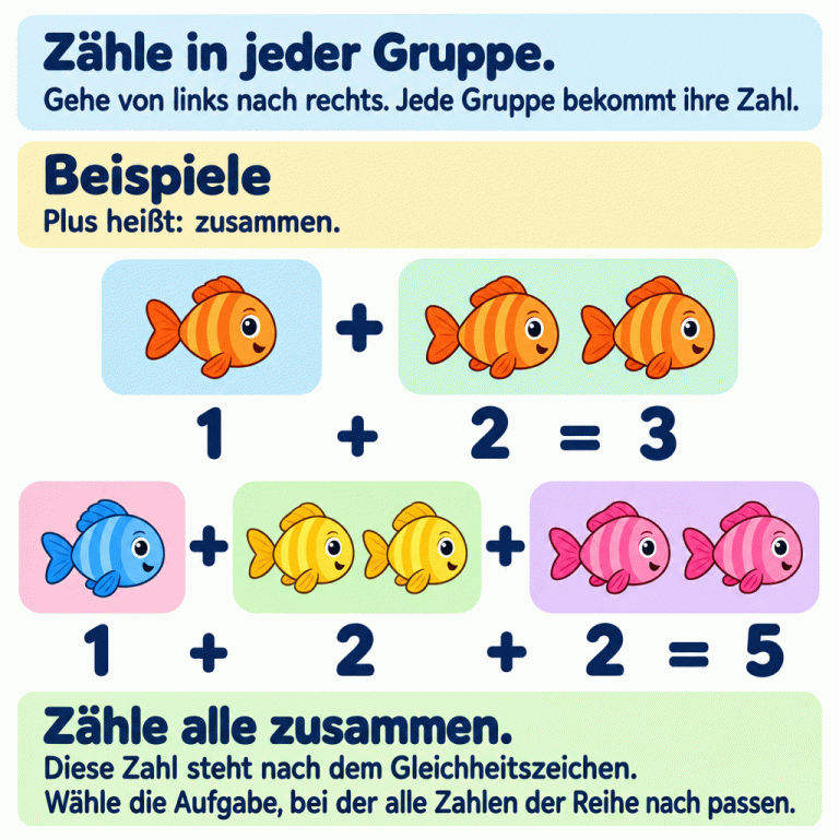 Zwei Fischbeispiele zeigen, wie Bilder zu Plusaufgaben passen. Oben stehen ein Fisch und zwei Fische in getrennten Gruppen. Direkt darunter steht die Rechnung: eins plus zwei gleich drei. Unten stehen ein Fisch, zwei Fische und zwei Fische in drei Gruppen. Darunter steht: eins plus zwei plus zwei gleich fünf. Jede Gruppenzahl steht unter ihrer Fischgruppe. Zähle die Gruppen von links nach rechts, dann alle Fische eines Beispiels zusammen. Vergleiche alle Zahlen der Aufgabe, nicht nur das Ergebnis. Zähle in jeder Gruppe.: Gehe von links nach rechts. Jede Gruppe bekommt ihre Zahl. Beispiele: Plus heißt: zusammen. Zähle alle zusammen.: Diese Zahl steht nach dem Gleichheitszeichen. Wähle die Aufgabe, bei der alle Zahlen der Reihe nach passen. 1 + 2 = 3 1 + 2 + 2 = 5 +