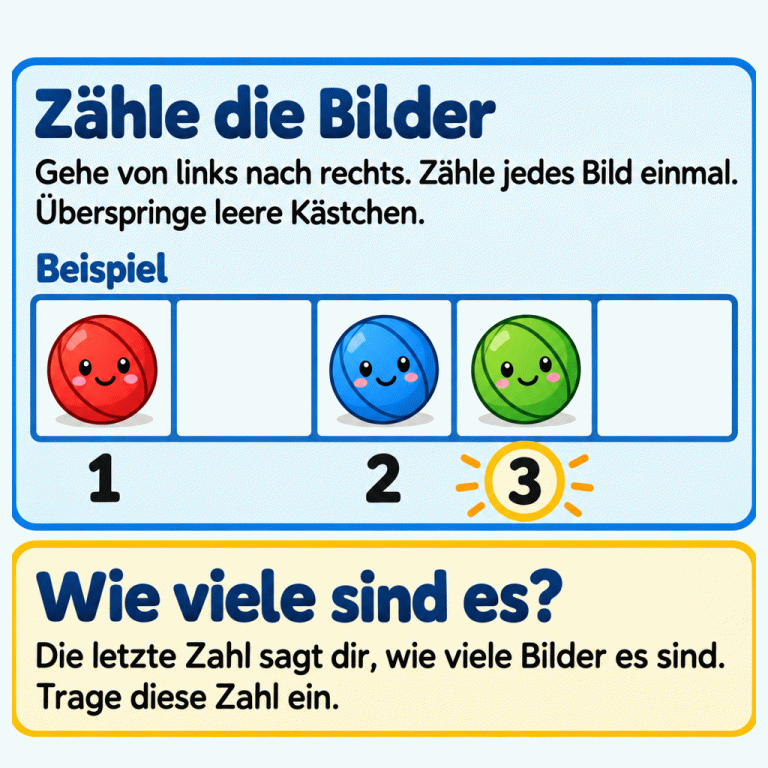 Ein Zählbeispiel mit fünf Kästchen: Drei enthalten je einen Ball, zwei sind leer. Bei den Bällen stehen in Zählreihenfolge die Zahlen 1, 2 und 3. Die letzte Zahl ist hervorgehoben. Zähle jedes Bild einmal und überspringe leere Kästchen. Die letzte Zahl sagt, wie viele Bilder es sind. Im Beispiel sind es drei. Zähle die Bilder: Gehe von links nach rechts. Zähle jedes Bild einmal. Überspringe leere Kästchen. Wie viele sind es?: Die letzte Zahl sagt dir, wie viele Bilder es sind. Trage diese Zahl ein. Beispiel 1 2 3