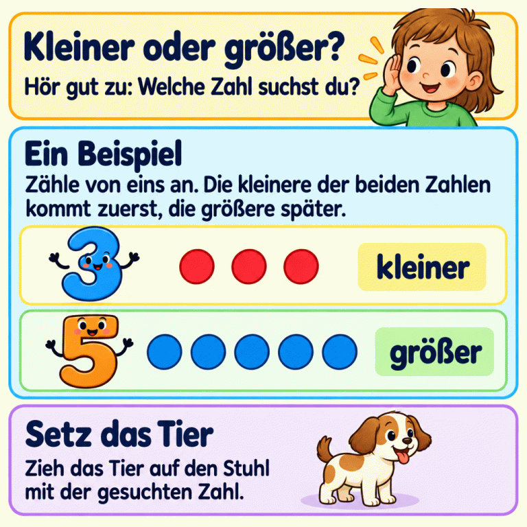 Die Lernkarte erklärt: Achte darauf, ob du die kleinere oder die größere Zahl suchst. Beim Zählen von eins an kommt die kleinere der beiden Zahlen zuerst, die größere später. Ein Beispiel zeigt die Zahl 3 mit drei Punkten und dem Wort „kleiner“ sowie die Zahl 5 mit fünf Punkten und dem Wort „größer“. Zieh das Tier auf den Stuhl mit der gesuchten Zahl. Kleiner oder größer?: Hör gut zu: Welche Zahl suchst du? Ein Beispiel: Zähle von eins an. Die kleinere der beiden Zahlen kommt zuerst, die größere später. Setz das Tier: Zieh das Tier auf den Stuhl mit der gesuchten Zahl. 3 5 kleiner größer