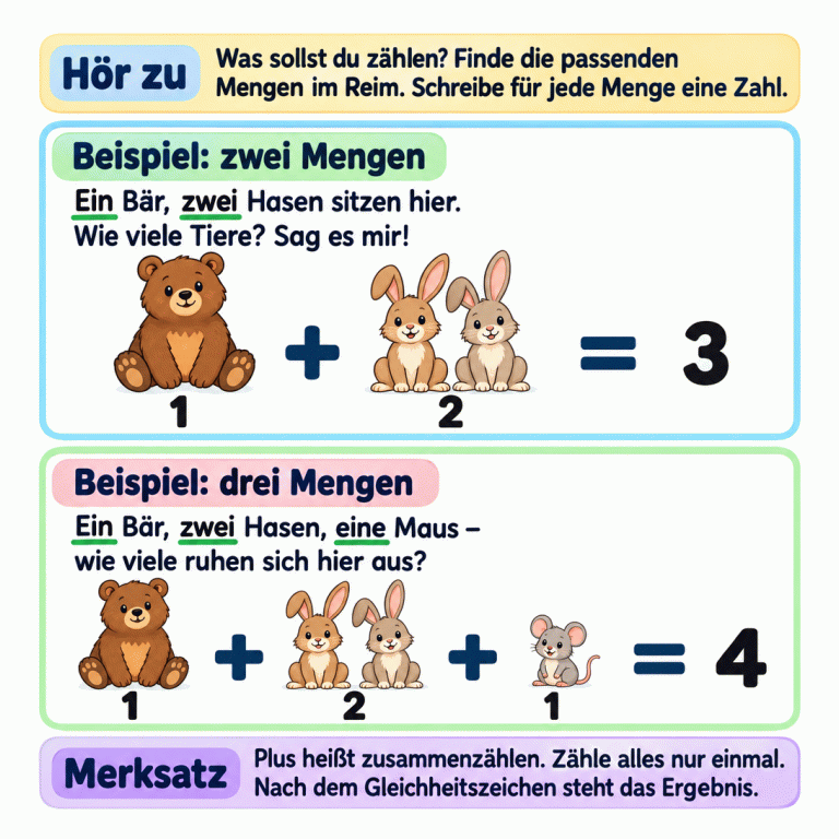 Eine Lernkarte zeigt, wie aus einem Reim eine Plusaufgabe wird. Zuerst wird gefragt, was gezählt werden soll. Im ersten Beispiel sind ein Bär und zwei Hasen zu sehen: 1 + 2 = 3. Im zweiten Beispiel kommen drei Mengen vor: ein Bär, zwei Hasen und eine Maus. Dazu steht 1 + 2 + 1 = 4. Die Mengenwörter sind unterstrichen. Der Merksatz erklärt, dass Plus Zusammenzählen bedeutet und die Gesamtzahl nach dem Gleichheitszeichen steht. Hör zu: Was sollst du zählen? Finde die passenden Mengen im Reim. Schreibe für jede Menge eine Zahl. Beispiel: zwei Mengen: Ein Bär, zwei Hasen sitzen hier.
Wie viele Tiere? Sag es mir! Beispiel: drei Mengen: Ein Bär, zwei Hasen, eine Maus –
wie viele ruhen sich hier aus? Plus heißt zusammenzählen. Zähle alles nur einmal. Nach dem Gleichheitszeichen steht das Ergebnis. 1 2 3 4 + = Merksatz