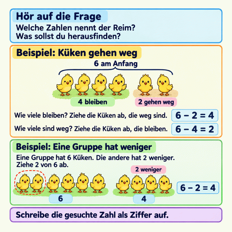 Eine Lernkarte erklärt Minusaufgaben in Reimen. Zuerst wird gefragt, welche Zahlen der Reim nennt und was gesucht ist. Im ersten Beispiel sind sechs Küken in vier bleibende und zwei weggehende aufgeteilt. Für den Rest gilt: sechs minus zwei ist vier. Ist bekannt, dass vier bleiben, findet man die weggegangenen mit sechs minus vier ist zwei. Ein zweites Bild vergleicht sechs Küken mit vier Küken: Die zweite Gruppe hat zwei weniger, also sechs minus zwei ist vier. Zum Schluss soll die gesuchte Zahl als Ziffer aufgeschrieben werden. Hör auf die Frage: Welche Zahlen nennt der Reim? Was sollst du herausfinden? Beispiel: Küken gehen weg: Wie viele bleiben? Ziehe die Küken ab, die weg sind.
Wie viele sind weg? Ziehe die Küken ab, die bleiben. Beispiel: Eine Gruppe hat weniger: Eine Gruppe hat 6 Küken. Die andere hat 2 weniger. Ziehe 2 von 6 ab. Schreibe die gesuchte Zahl als Ziffer auf. 6 am Anfang 4 bleiben 2 gehen weg 6 − 2 = 4 6 − 4 = 2 6 4 2 weniger