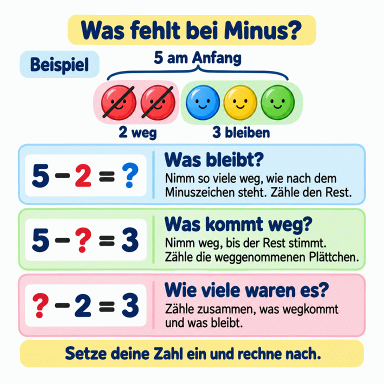 Ein Beispiel mit fünf Plättchen: Zwei kommen weg, drei bleiben. Drei Rechenzeilen zeigen die Lücke beim Rest, bei der weggenommenen Zahl und bei der Anfangszahl. Je nach Lücke zählt man den Rest, die weggenommenen Plättchen oder beide Teilmengen zusammen. Zum Prüfen wird die gefundene Zahl eingesetzt und nachgerechnet. Was fehlt bei Minus? Was bleibt?: Nimm so viele weg, wie nach dem Minuszeichen steht. Zähle den Rest. Was kommt weg?: Nimm weg, bis der Rest stimmt. Zähle die weggenommenen Plättchen. Wie viele waren es?: Zähle zusammen, was wegkommt und was bleibt. Setze deine Zahl ein und rechne nach. Beispiel 5 am Anfang 2 weg 3 bleiben 5 − 2 = ? 5 − ? = 3 ? − 2 = 3