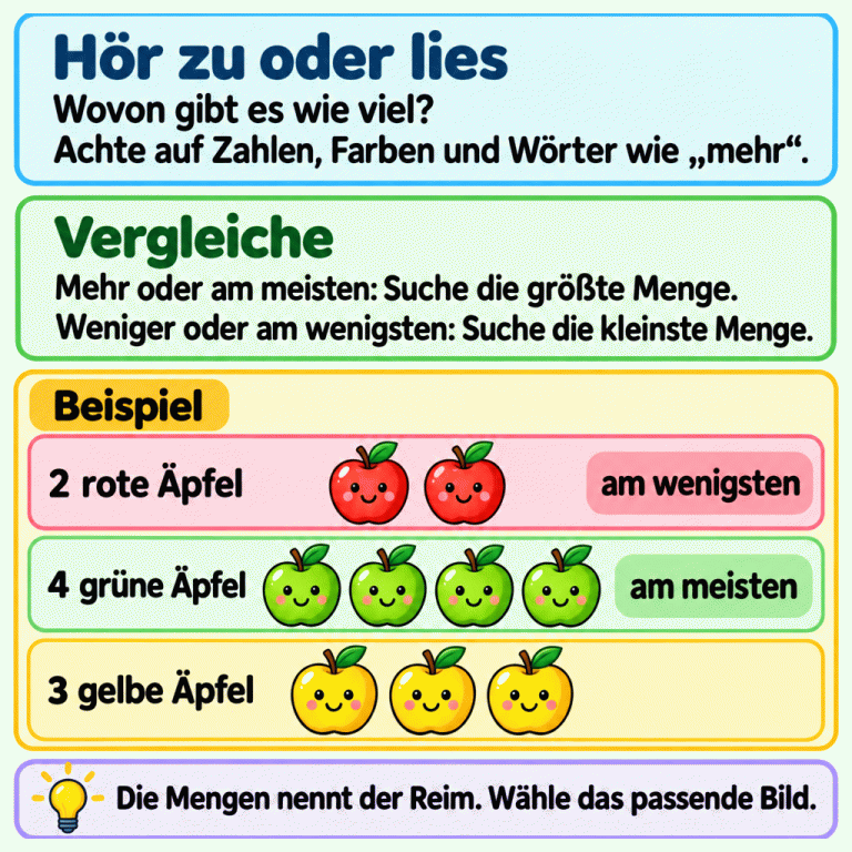 Die Karte erklärt: Entnimm dem Reim, wovon es wie viel gibt. Achte auf Zahlen, Farben und Mengenwörter. Suche bei „mehr“ oder „am meisten“ die größte, bei „weniger“ oder „am wenigsten“ die kleinste Menge. Ein Beispiel zeigt zwei rote, vier grüne und drei gelbe Äpfel. Die roten sind im Beispiel am wenigsten, die grünen am meisten. Wähle anschließend das passende Bild zur Menge aus dem Reim. Hör zu oder lies: Wovon gibt es wie viel? Achte auf Zahlen, Farben und Wörter wie „mehr“. Vergleiche: Mehr oder am meisten: Suche die größte Menge.
Weniger oder am wenigsten: Suche die kleinste Menge. Die Mengen nennt der Reim. Wähle das passende Bild. Beispiel 2 rote Äpfel 4 grüne Äpfel 3 gelbe Äpfel am wenigsten am meisten
