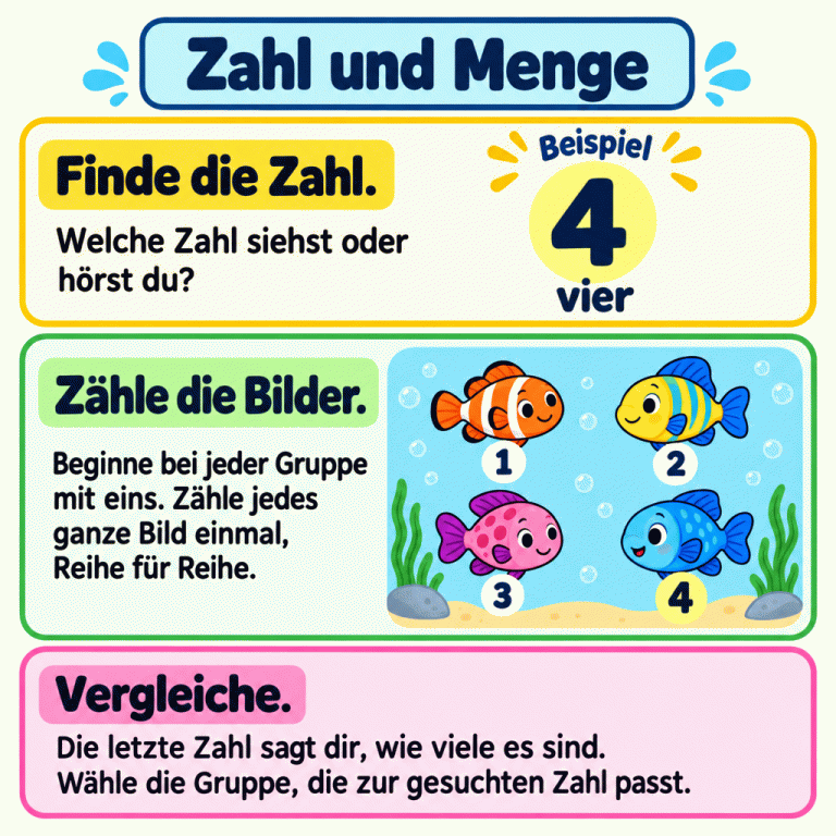 Eine Lernkarte erklärt: Gesuchte Zahl finden, jede Gruppe getrennt von eins an zählen und die passende Anzahl auswählen. Das gekennzeichnete Beispiel zeigt die Zahl 4 mit dem Zahlwort „vier“ und vier Fische in zwei Reihen. Die Fische werden nacheinander mit 1, 2, 3 und 4 gezählt. Die letzte Zählzahl 4 entspricht der gesuchten Beispielzahl. Zahl und Menge Finde die Zahl.: Welche Zahl siehst oder hörst du? Zähle die Bilder.: Beginne bei jeder Gruppe mit eins. Zähle jedes ganze Bild einmal, Reihe für Reihe. Vergleiche.: Die letzte Zahl sagt dir, wie viele es sind. Wähle die Gruppe, die zur gesuchten Zahl passt. Beispiel 4 vier 1 2 3