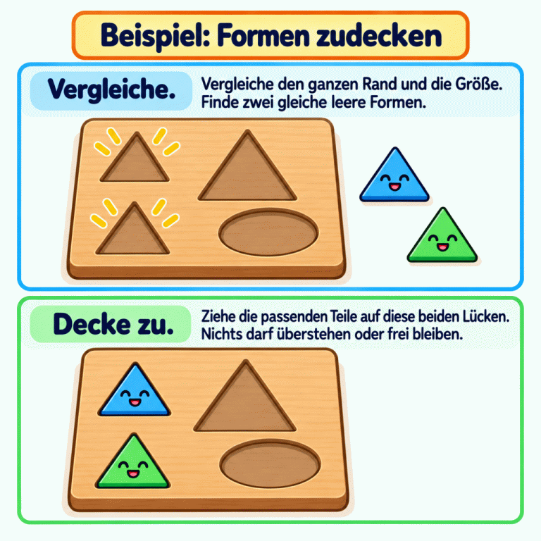 Ein Beispiel zeigt zwei gleich große dreieckige Lücken, eine größere dreieckige Lücke und eine ovale Lücke. Daneben liegen zwei passende Dreiecksteile. Im zweiten Bild decken diese Teile die beiden gleichen Lücken genau zu. Die größere dreieckige und die ovale Lücke bleiben leer. Beispiel: Formen zudecken Vergleiche.: Vergleiche den ganzen Rand und die Größe. Finde zwei gleiche leere Formen. Decke zu.: Ziehe die passenden Teile auf diese beiden Lücken. Nichts darf überstehen oder frei bleiben.