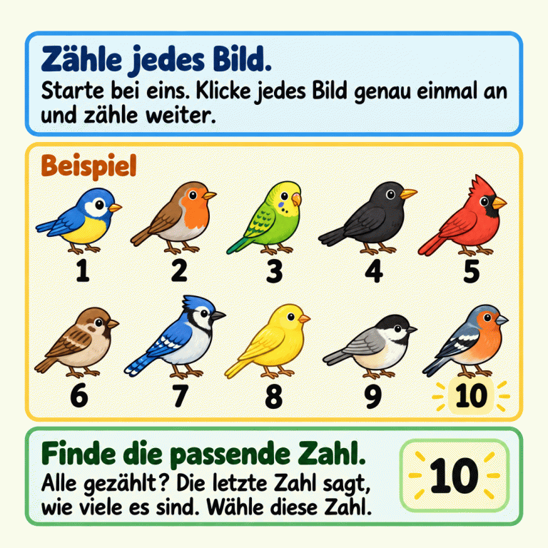 Zählen bis zehn: Starte bei eins und klicke jedes Bild genau einmal an. Ein Lehrbeispiel zeigt zehn Vögel mit den Zählzahlen 1 bis 10. Nachdem alle Vögel gezählt sind, zeigt die letzte Zahl die Gesamtanzahl. Deshalb steht im Ergebnisfeld dieses Beispiels die Zahl 10. Zähle jedes Bild.: Starte bei eins. Klicke jedes Bild genau einmal an und zähle weiter. Finde die passende Zahl.: Alle gezählt? Die letzte Zahl sagt, wie viele es sind. Wähle diese Zahl. Beispiel 1 2 3 4 5 6 7 8 9 10