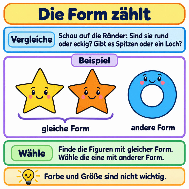 Ein Lehrbeispiel zeigt zwei Sterne mit gleicher Form und einen Ring mit anderer Form. Die Sterne haben Spitzen und Einbuchtungen. Der Ring ist rund und hat ein Loch. Vergleiche die Ränder und finde die einzelne andere Form. Farbe und Größe sind nicht wichtig. Die Form zählt Vergleiche: Schau auf die Ränder: Sind sie rund oder eckig? Gibt es Spitzen oder ein Loch? Wähle: Finde die Figuren mit gleicher Form. Wähle die eine mit anderer Form. Farbe und Größe sind nicht wichtig. Beispiel gleiche Form andere Form