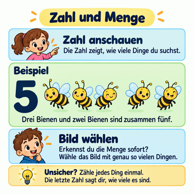 Eine Lernkarte erklärt, wie eine Zahl und eine Menge zusammenpassen. Im Lehrbeispiel steht die Zahl 5 bei fünf Bienen: drei Bienen und zwei Bienen bilden zusammen fünf. Gesucht wird immer das Bild mit genau der vorgegebenen Anzahl. Wer unsicher ist, zählt jedes Ding einmal; die letzte Zahl nennt die Anzahl. Zahl und Menge Zahl anschauen: Die Zahl zeigt, wie viele Dinge du suchst. Beispiel: Drei Bienen und zwei Bienen sind zusammen fünf. Bild wählen: Erkennst du die Menge sofort? Wähle das Bild mit genau so vielen Dingen. Unsicher? Zähle jedes Ding einmal. Die letzte Zahl sagt dir, wie viele es sind. 5