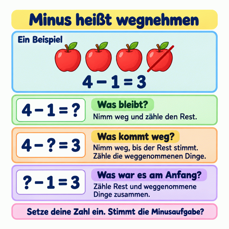 Ein Beispiel zeigt vier Äpfel. Einer ist als weggenommen markiert, drei bleiben. Dazu steht: Vier minus eins ist drei. Fehlt der Rest, nimmst du weg und zählst das Übrige. Fehlt die weggenommene Zahl, nimmst du weg, bis der Rest stimmt, und zählst das Weggenommene. Fehlt die Anfangszahl, zählst du Rest und Weggenommenes zusammen. Setze die gefundene Zahl ein und prüfe die Minusaufgabe. Minus heißt wegnehmen Was bleibt?: Nimm weg und zähle den Rest. Was kommt weg?: Nimm weg, bis der Rest stimmt. Zähle die weggenommenen Dinge. Was war es am Anfang?: Zähle Rest und weggenommene Dinge zusammen. Setze deine Zahl ein. Stimmt die Minusaufgabe? Ein Beispiel 4 − 1 = 3 4 − 1 = ? 4 − ? = 3 ? − 1 = 3