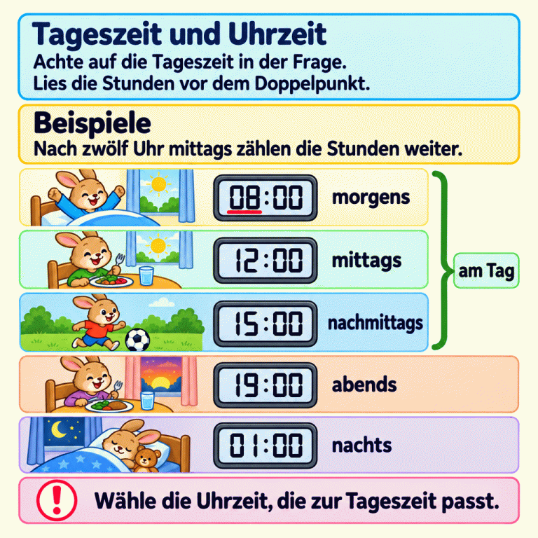 Eine Merkkarte erklärt: Achte auf die Tageszeit in der Frage und lies die Stunden vor dem Doppelpunkt. Beispiele zeigen 08:00 morgens, 12:00 mittags, 15:00 nachmittags, 19:00 abends und 01:00 nachts. Morgen, Mittag und Nachmittag sind unter „am Tag“ zusammengefasst. Kleine Alltagsszenen begleiten die Zeiten. Nach zwölf Uhr mittags zählen die Stunden weiter. Wähle die Uhrzeit, die zur Tageszeit passt. Tageszeit und Uhrzeit: Achte auf die Tageszeit in der Frage. Lies die Stunden vor dem Doppelpunkt. Beispiele: Nach zwölf Uhr mittags zählen die Stunden weiter. Wähle die Uhrzeit, die zur Tageszeit passt. 08:00 morgens 12:00 mittags 15:00 nachmittags 19:00 abends 01:00 nachts am Tag !