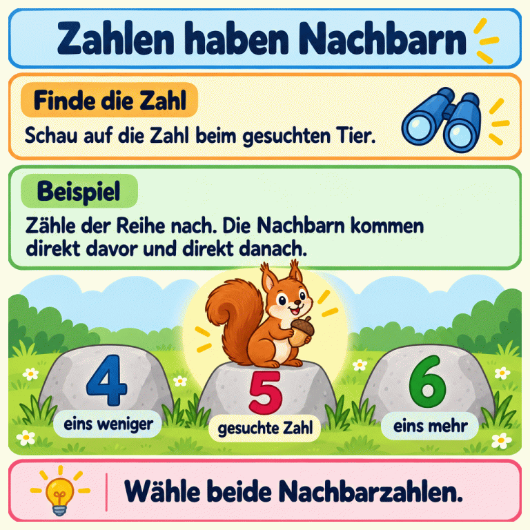 Lehrbeispiel zu Nachbarzahlen: Beim Eichhörnchen steht die gesuchte Zahl 5. Die Zählfolge lautet 4, 5, 6. Die 4 kommt direkt davor und ist eins weniger. Die 6 kommt direkt danach und ist eins mehr. Gesucht sind beide Nachbarzahlen. Zahlen haben Nachbarn Finde die Zahl: Schau auf die Zahl beim gesuchten Tier. Beispiel: Zähle der Reihe nach. Die Nachbarn kommen direkt davor und direkt danach. Wähle beide Nachbarzahlen. 4 5 6 eins weniger gesuchte Zahl eins mehr