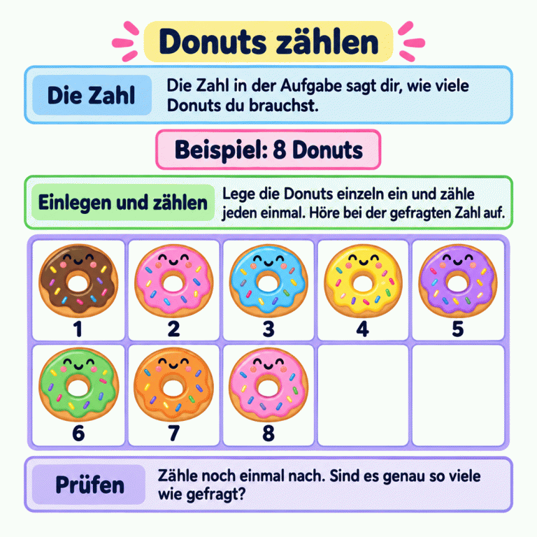 Lernkarte zum Einlegen einer gefragten Anzahl Donuts. Das gekennzeichnete Beispiel fordert acht Donuts. In einem Feld mit zehn Kästchen liegen fünf Donuts in der ersten und drei in der zweiten Reihe. Jeder Donut trägt eine eigene Zählzahl von 1 bis 8; zwei Kästchen bleiben leer. Die Anleitung erklärt: Zielzahl merken, einzeln einlegen und mitzählen, bei der gefragten Zahl aufhören und nachzählen. Donuts zählen Die Zahl: Die Zahl in der Aufgabe sagt dir, wie viele Donuts du brauchst. Einlegen und zählen: Lege die Donuts einzeln ein und zähle jeden einmal. Höre bei der gefragten Zahl auf. Prüfen: Zähle noch einmal nach. Sind es genau so viele wie gefragt? Beispiel: 8 Donuts 1 2 3 4 5 6 7 8