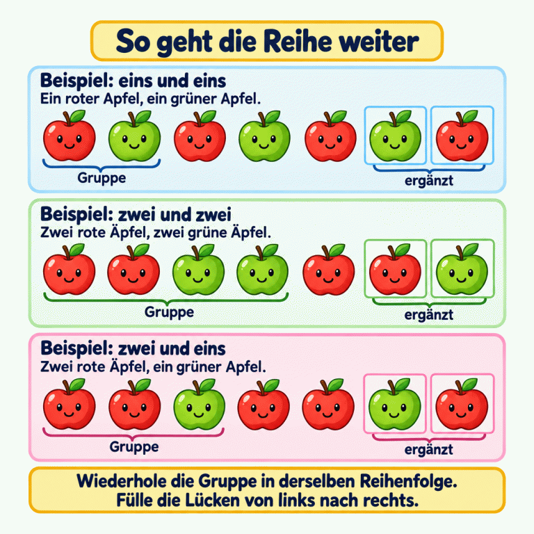 Drei Beispiele zeigen wiederkehrende Apfelmuster. Oben wechseln ein roter und ein grüner Apfel. In der Mitte folgen immer zwei rote und zwei grüne Äpfel aufeinander. Unten wiederholt sich die Gruppe aus zwei roten und einem grünen Apfel. Die erste Gruppe ist jeweils markiert. Die letzten beiden Stellen jeder Reihe sind bereits passend ergänzt. Wiederhole die Gruppe in derselben Reihenfolge und fülle die Lücken von links nach rechts. So geht die Reihe weiter Beispiel: eins und eins: Ein roter Apfel, ein grüner Apfel. Beispiel: zwei und zwei: Zwei rote Äpfel, zwei grüne Äpfel. Beispiel: zwei und eins: Zwei rote Äpfel, ein grüner Apfel. Wiederhole die Gruppe in derselben Reihenfolge. Fülle die Lücken von links nach rechts. Gruppe ergänzt