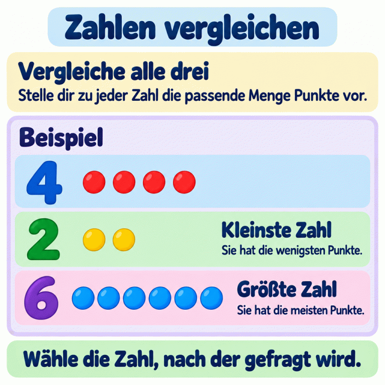 Ein Beispiel zeigt drei Zahlen mit passenden Punktmengen: vier Punkte bei der 4, zwei Punkte bei der 2 und sechs Punkte bei der 6. In diesem Beispiel ist die 2 die kleinste Zahl, weil sie die wenigsten Punkte hat. Die 6 ist die größte Zahl, weil sie die meisten Punkte hat. Vergleiche immer alle drei Zahlen und wähle die kleinste oder die größte, je nachdem, was die Aufgabe verlangt. Zahlen vergleichen Vergleiche alle drei: Stelle dir zu jeder Zahl die passende Menge Punkte vor. Kleinste Zahl: Sie hat die wenigsten Punkte. Größte Zahl: Sie hat die meisten Punkte. Wähle die Zahl, nach der gefragt wird. Beispiel 4 2 6