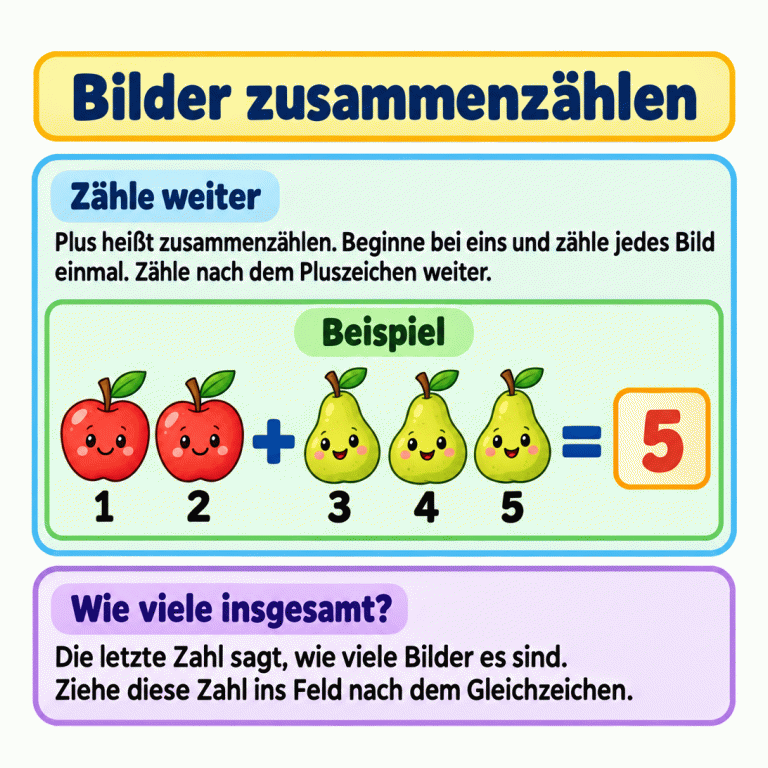 Ein Beispiel zeigt zwei Äpfel plus drei Birnen gleich fünf. Unter den Äpfeln stehen die Zählzahlen eins und zwei, unter den Birnen drei, vier und fünf. Nach dem Gleichzeichen steht die Fünf als Ergebnis. Die Anleitung erklärt: Jedes Bild einmal zählen, nach dem Pluszeichen weiterzählen und die Zahl für alle Bilder ins Ergebnisfeld ziehen. Bilder zusammenzählen Zähle weiter: Plus heißt zusammenzählen. Beginne bei eins und zähle jedes Bild einmal. Zähle nach dem Pluszeichen weiter. Wie viele insgesamt?: Die letzte Zahl sagt, wie viele Bilder es sind. Ziehe diese Zahl ins Feld nach dem Gleichzeichen. Beispiel + = 1 2 3 4 5