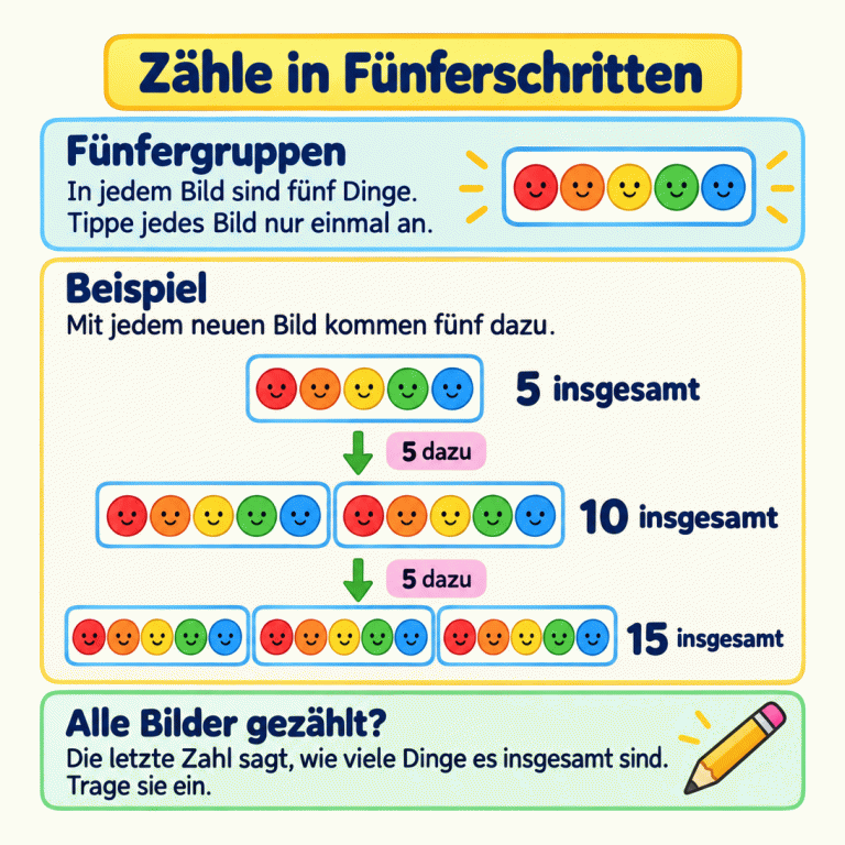 Beispiel zum Zählen in Fünferschritten: Ein Bild mit fünf Kreisen ergibt fünf insgesamt. Ein weiteres Fünferbild macht zehn, noch eines fünfzehn. Die drei Stufen zeigen, wie die Menge wächst. Jedes Bild wird nur einmal gezählt. Sind alle Bilder gezählt, wird die letzte Zahl als Gesamtzahl eingetragen. Zähle in Fünferschritten Fünfergruppen: In jedem Bild sind fünf Dinge. Tippe jedes Bild nur einmal an. Beispiel: Mit jedem neuen Bild kommen fünf dazu. Alle Bilder gezählt?: Die letzte Zahl sagt, wie viele Dinge es insgesamt sind. Trage sie ein. 5 insgesamt 10 insgesamt 15 insgesamt 5 dazu